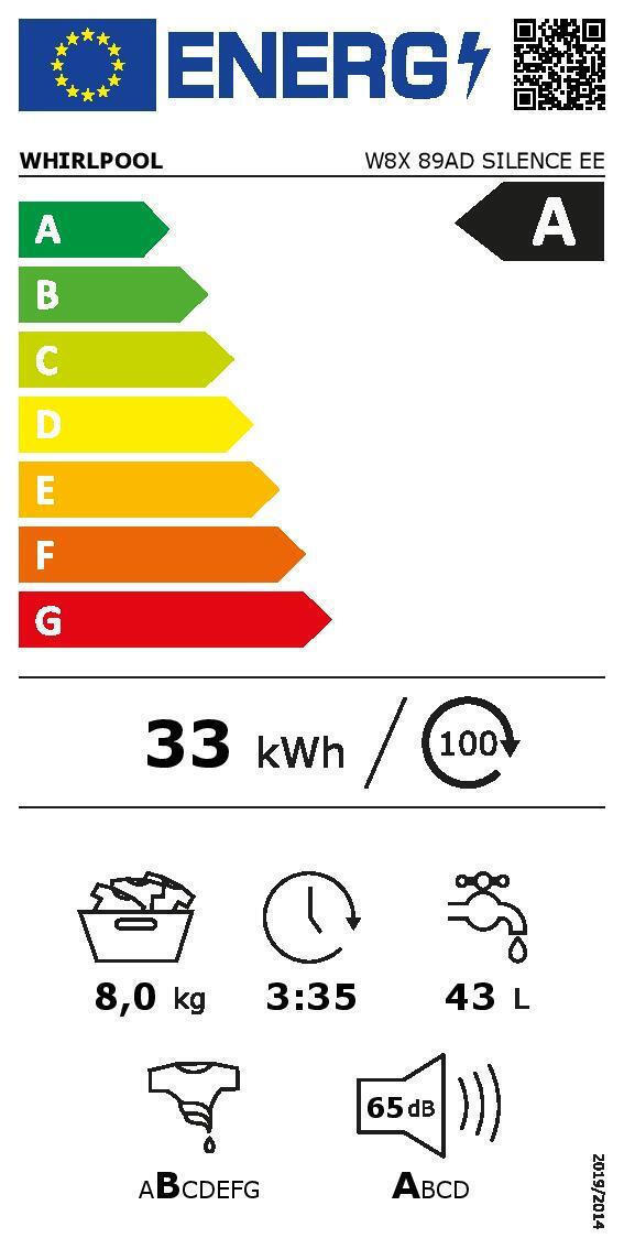 Whirlpool Πλυντήριο Ρούχων 8kg με Ατμό 1400 Στροφών W8X 89AD SILENCE EE