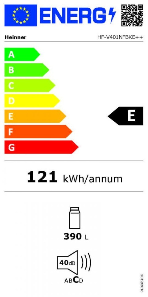 Heinner HF-V401NFBKE++ Μονόπορτο Ψυγείο NoFrost Υ186xΠ59.5xΒ65εκ. Μαύρο