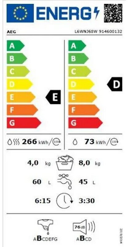 AEG L6WNJ68W Πλυντήριο Στεγνωτήριο Ρούχων 8kg / 4kg 1600 Στροφές