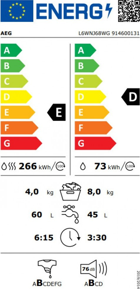 AEG L6WNJ68WG Πλυντήριο Στεγνωτήριο Ρούχων 8kg Ατμού 1600 Στροφές