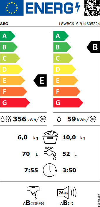 AEG L8WBC61S Πλυντήριο Στεγνωτήριο Ρούχων 10kg / 6kg Ατμού 1600 Στροφές