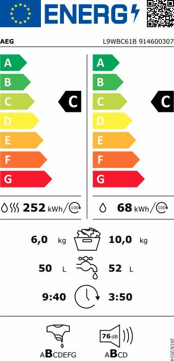 AEG L9WBC61B Πλυντήριο Στεγνωτήριο Ρούχων 10kg / 6kg Ατμού 1600 Στροφές