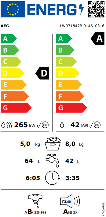 AEG LWR71842B Πλυντήριο Στεγνωτήριο Ρούχων 9kg / 5kg Ατμού 1400 Στροφές