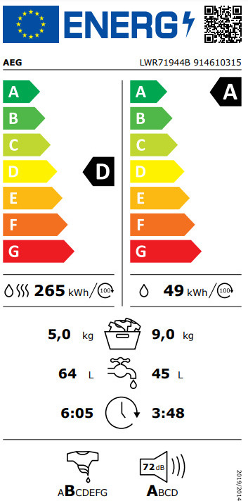 AEG LWR71944B Πλυντήριο Στεγνωτήριο Ρούχων 9kg / 5kg Ατμού 1400 Στροφές