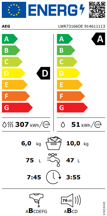 AEG LWR73166OE Πλυντήριο Στεγνωτήριο Ρούχων 10kg / 6kg Ατμού 1600 Στροφές