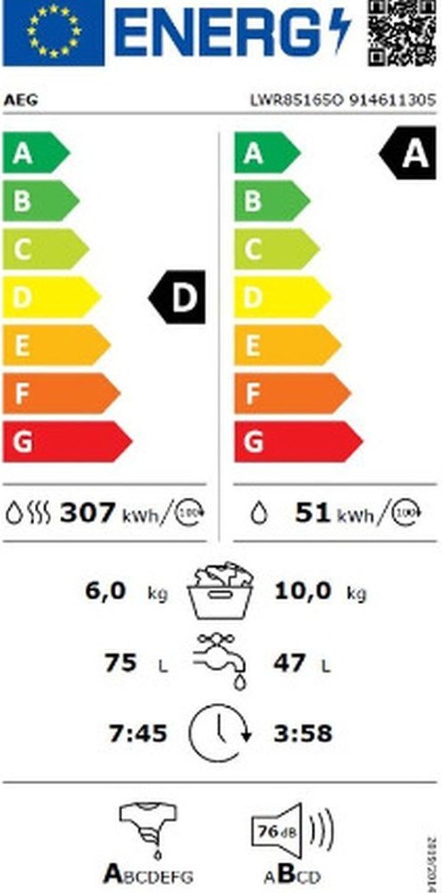 AEG LWR85165O Πλυντήριο Στεγνωτήριο Ρούχων 10kg / 6kg Ατμού 1600 Στροφές