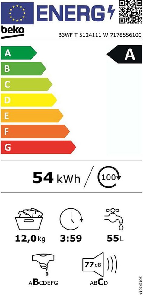 Beko B3 WFT 5124111W Πλυντήριο Ρούχων 12kg 1400 Στροφών