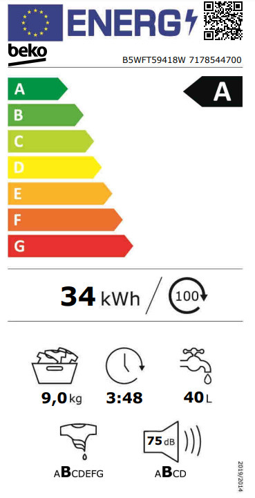 Beko B5WFT59418W Πλυντήριο Ρούχων 9kg 1400 Στροφών