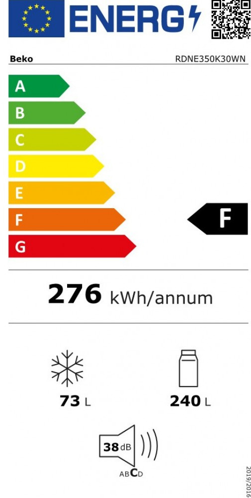 Beko RDNE350K30WN Δίπορτο Ψυγείο 313lt No Frost Υ172xΠ60xΒ65cm Λευκό