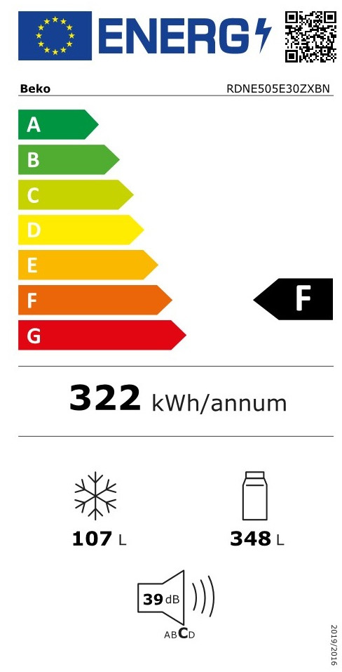 Beko RDNE505E30ZXBN Δίπορτο Ψυγείο 455lt Full No Frost Υ185xΠ70xΒ69cm Inox