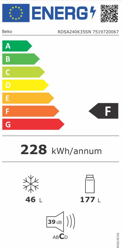 Beko RDSA240K35SN Δίπορτο Ψυγείο 240lt Υ146.5xΠ54xΒ57.4cm Inox