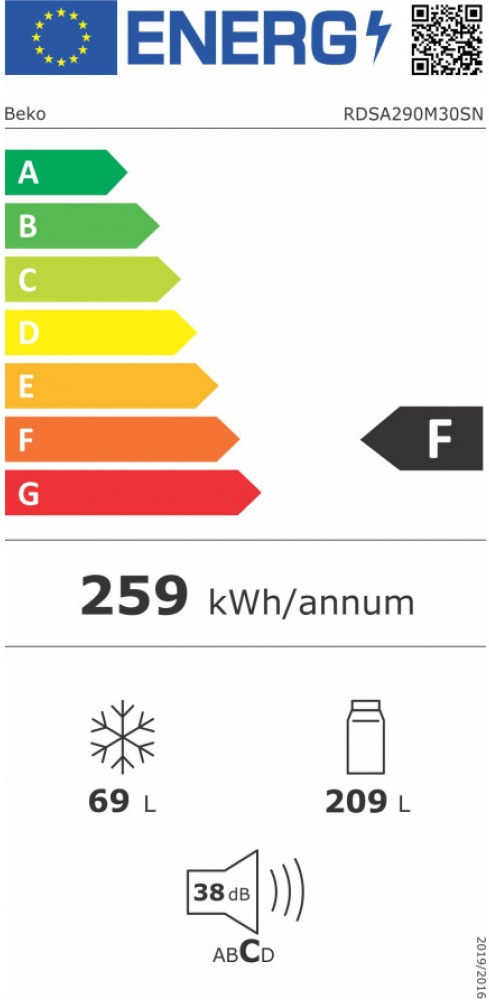 Beko RDSA290M30SN Δίπορτο Ψυγείο 278lt Υ162xΠ60xΒ60cm Inox