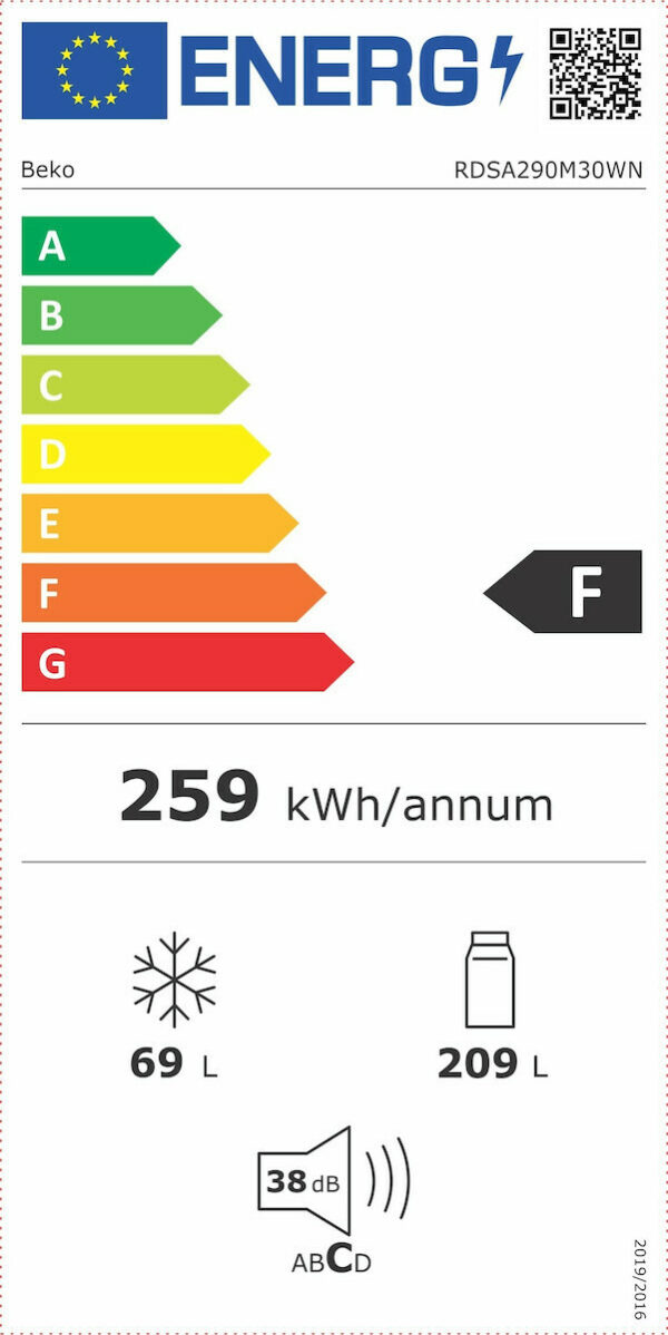 Beko RDSA290M30WN Δίπορτο Ψυγείο 278lt Υ162xΠ60xΒ60cm Λευκό