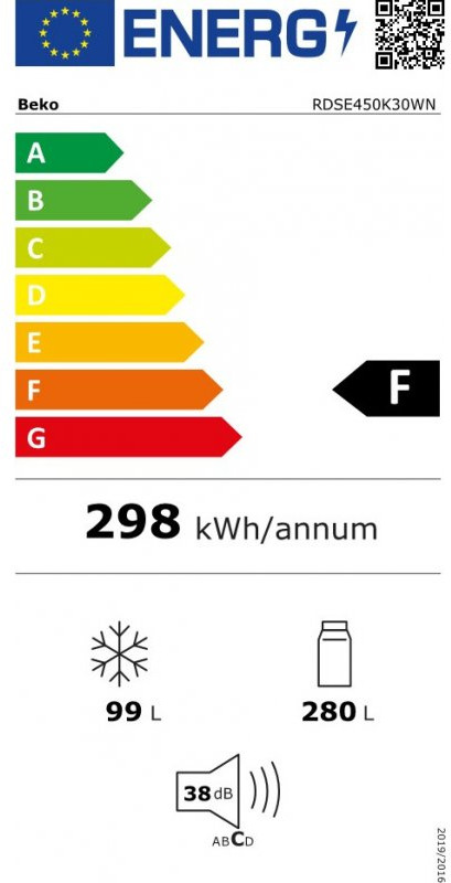 Beko RDSE450K30WN Δίπορτο Ψυγείο 379lt Υ170xΠ70xΒ65cm Λευκό