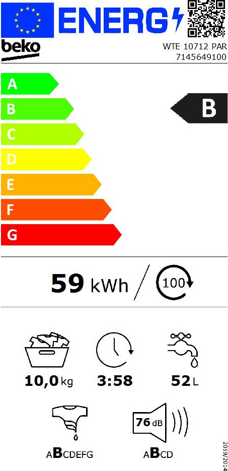 Beko WTE 10712 PAR Πλυντήριο Ρούχων 10kg 1400 Στροφών