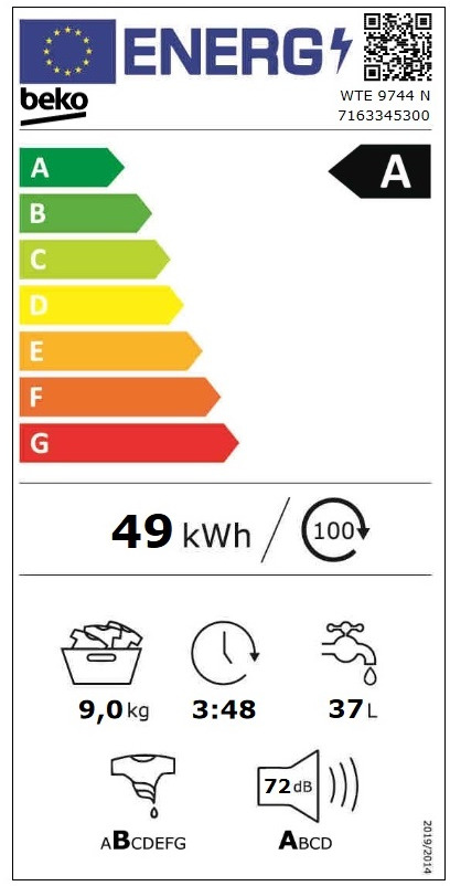 Beko WTE 9744 N Πλυντήριο Ρούχων 9kg 1400 Στροφών