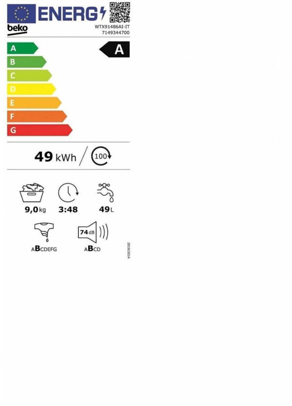 Beko WTX91486AI-IT Πλυντήριο Ρούχων 9kg 1400 Στροφών