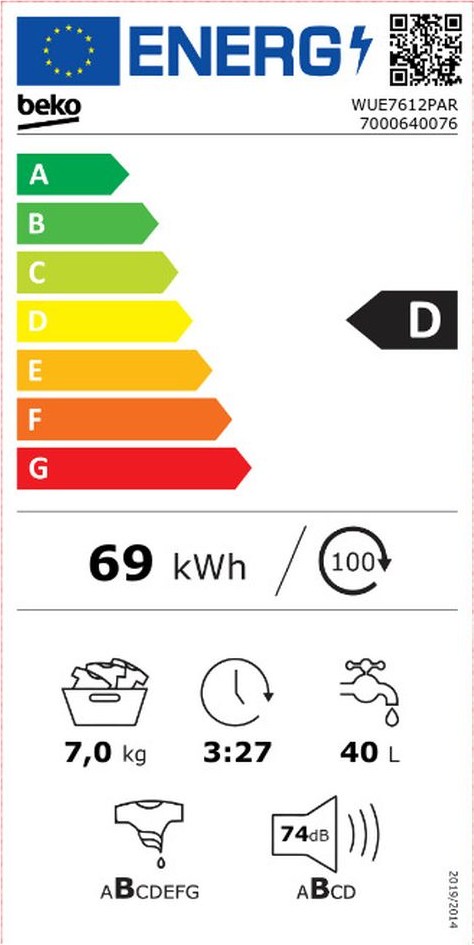 Beko WUE7612PAR Πλυντήριο Ρούχων 7kg 1200 Στροφών