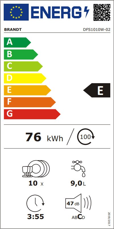 Brandt DFS1010W Ελεύθερο Πλυντήριο Πιάτων 44.8cm για 10 Σερβίτσια Λευκό