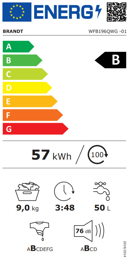 Brandt WFB196QWG Πλυντήριο Ρούχων 9kg 1400 Στροφών