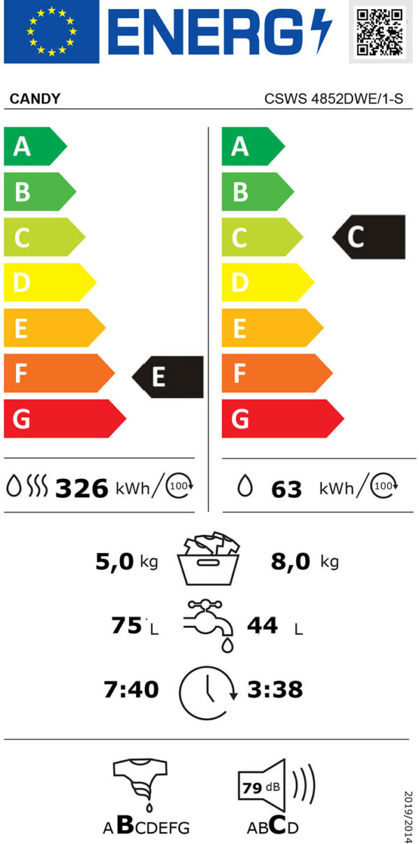 Candy CSWS 4752DWE/1-S Πλυντήριο Στεγνωτήριο Ρούχων 7kg / 5kg Ατμού 1400 Στροφές