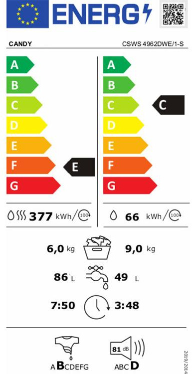 Candy CSWS 4962DWE/1-S Πλυντήριο Στεγνωτήριο Ρούχων 9kg / 5kg Ατμού 1400 Στροφές