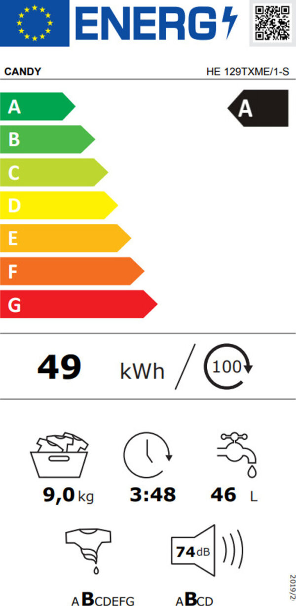 Candy HE 129TXME/1-S Πλυντήριο Ρούχων 9kg 1200 Στροφών