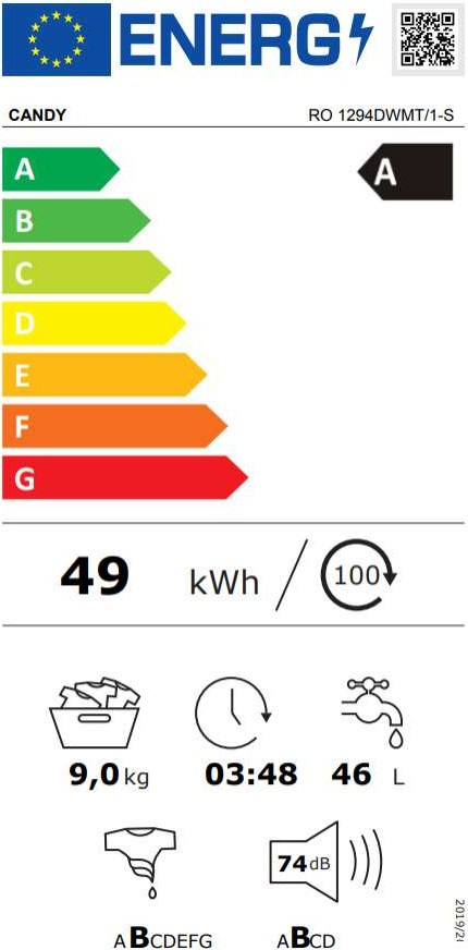 Candy RO 1294DWMT/1-S Πλυντήριο Ρούχων 9kg 1200 Στροφών