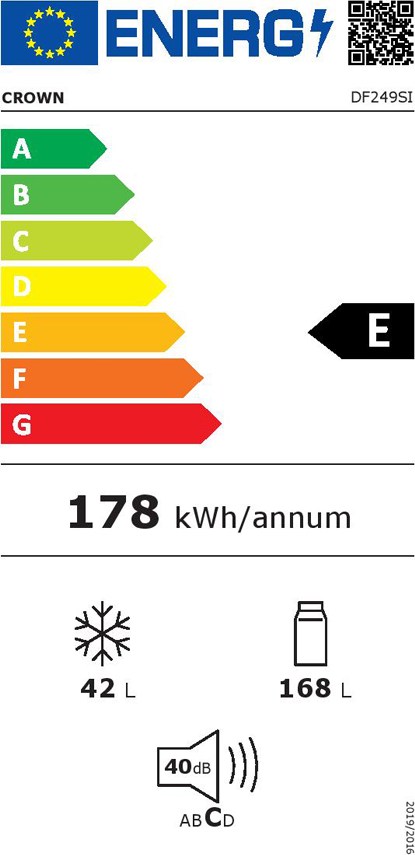 Crown DF249SI Δίπορτο Ψυγείο 210lt Υ14.3xΠ5.5xΒ5.5cm Inox