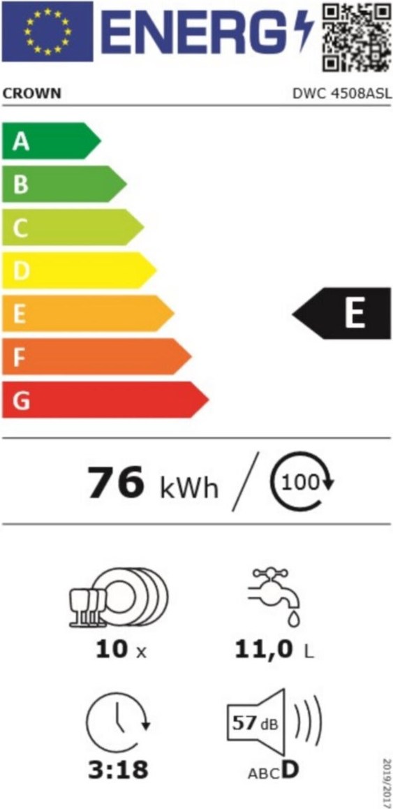 Crown DWC4508ASL Ελεύθερο Πλυντήριο Πιάτων 45cm για 10 Σερβίτσια Inox