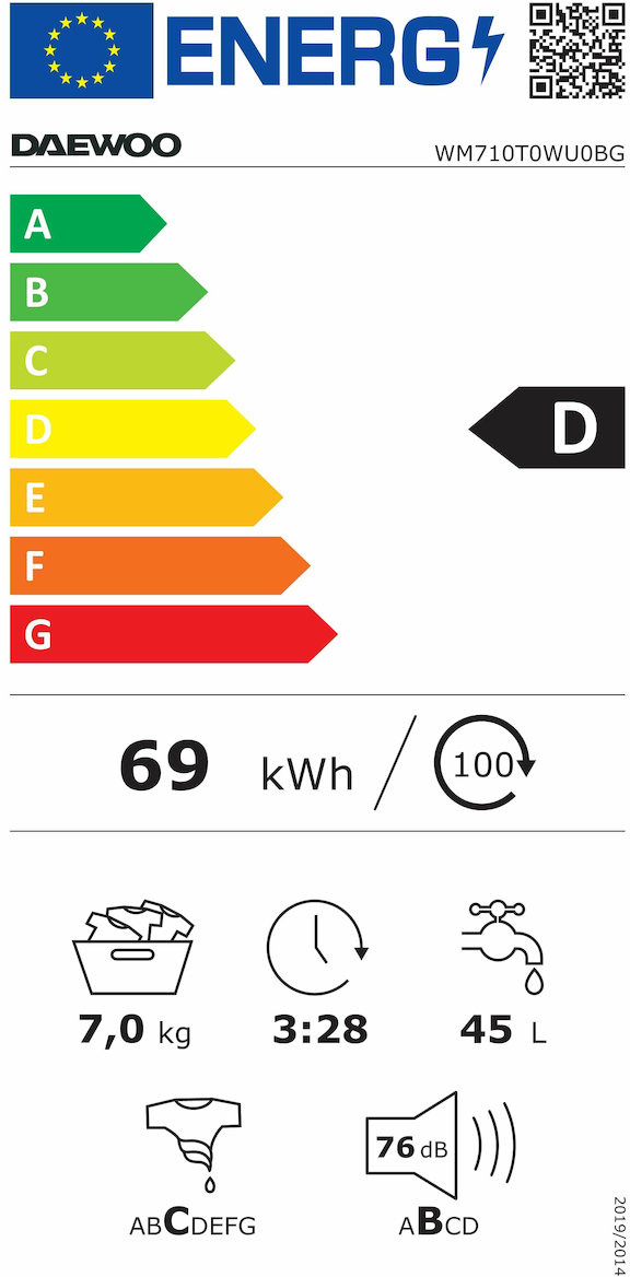 Daewoo WM710T0WU0BG Πλυντήριο Ρούχων 7kg 1000 Στροφών