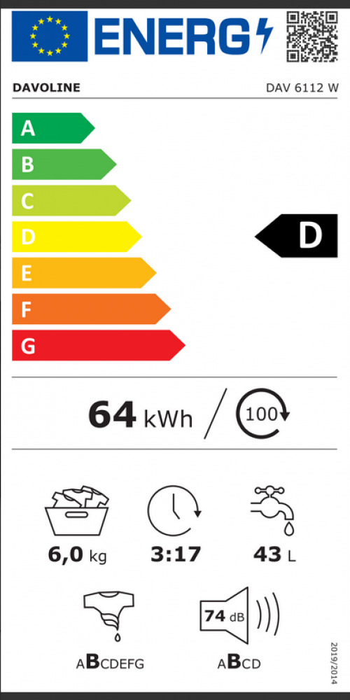 Davoline DAV6112W Πλυντήριο Ρούχων 6kg 1200 Στροφών