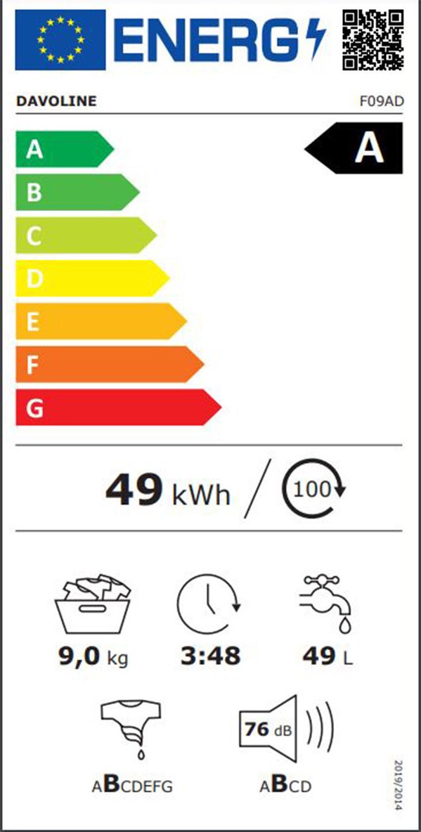 Davoline F09AD Πλυντήριο Ρούχων 9kg 1400 Στροφών