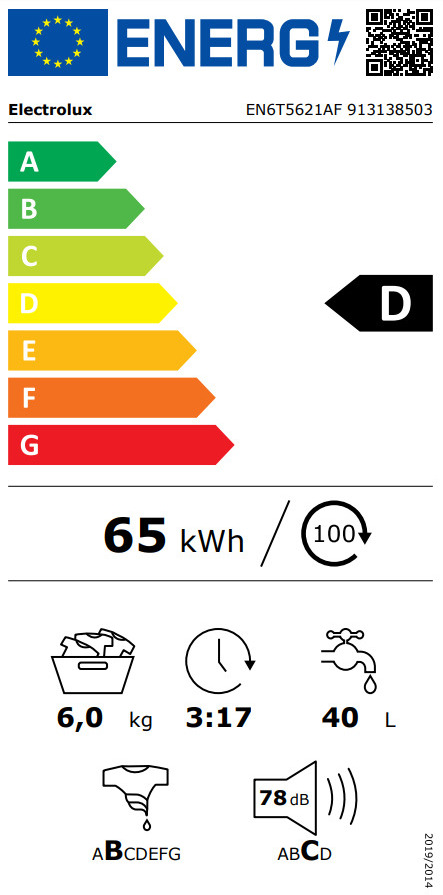 Electrolux EN6T5621AF Πλυντήριο Ρούχων 6kg 1200 Στροφών