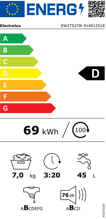 Electrolux EW2T527W Πλυντήριο Ρούχων 7kg 1200 Στροφών