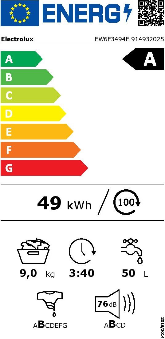 Electrolux EW6F3494E Πλυντήριο Ρούχων 9kg 1400 Στροφών