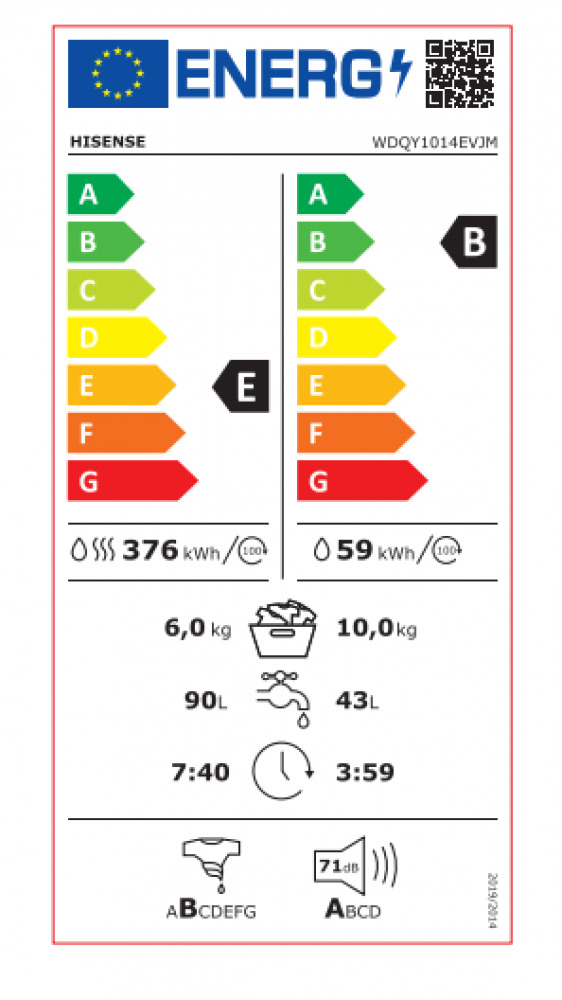 Hisense WDQY1014 EVJM Πλυντήριο Στεγνωτήριο Ρούχων 10kg / 6kg Ατμού 1400 Στροφές