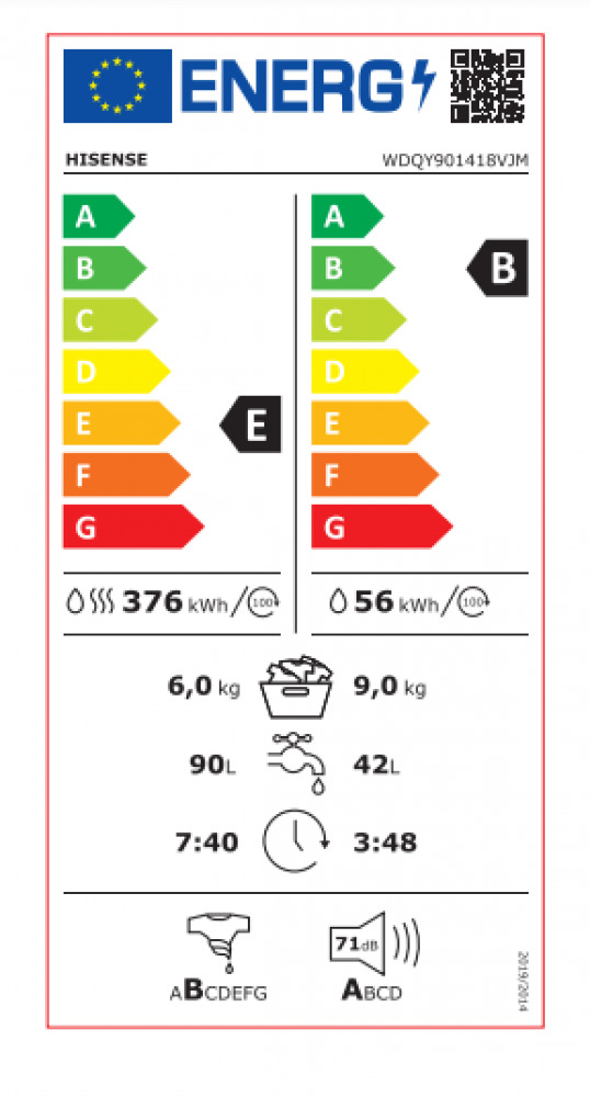 Hisense WDQY901418 VJM Πλυντήριο Στεγνωτήριο Ρούχων 9kg / 6kg Ατμού 1400 Στροφές