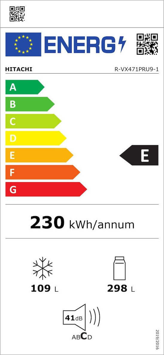 Hitachi R-VX471PRU9-1 (PHW) Δίπορτο Ψυγείο 407lt Full No Frost Υ177xΠ68xΒ60cm Λευκό