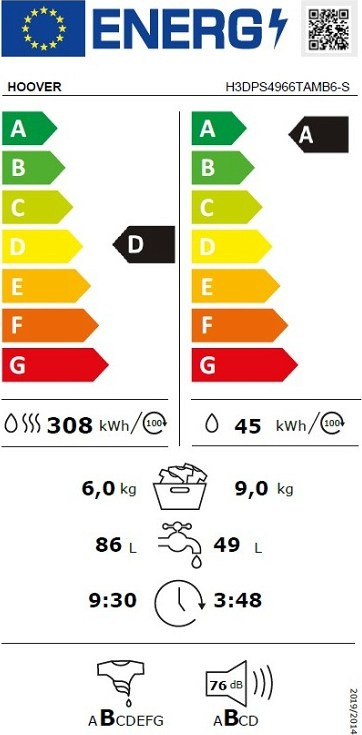 Hoover H3DPS4966TAMB6-S Πλυντήριο Στεγνωτήριο Ρούχων 8kg / 5kg Ατμού 1400 Στροφές