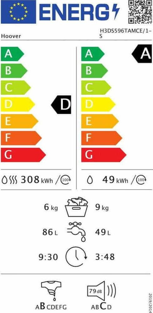 Hoover H3DS596TAMCE/1-S Πλυντήριο Στεγνωτήριο Ρούχων 9kg / 6kg Ατμού 1500 Στροφές