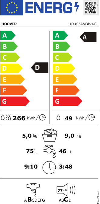 Hoover HD495AMBB/1-S Πλυντήριο Στεγνωτήριο Ρούχων 9kg / 5kg Ατμού 1400 Στροφές