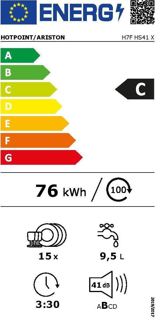 Hotpoint-Ariston H7FHS41X Ελεύθερο Πλυντήριο Πιάτων για 15 Σερβίτσια Inox