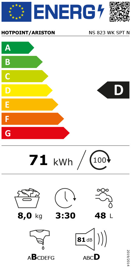 Hotpoint-Ariston NS 823 WK SPT N Πλυντήριο Ρούχων 8kg 1200 Στροφών
