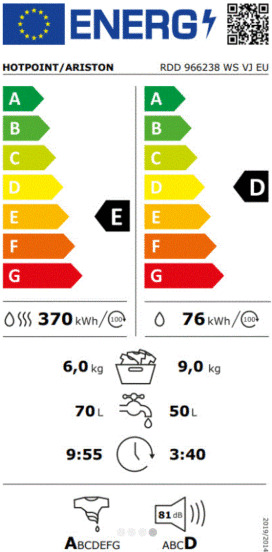 Hotpoint-Ariston RDD 966238 WS VJ EU Πλυντήριο Στεγνωτήριο Ρούχων 9kg / 6kg Ατμού 1600 Στροφές