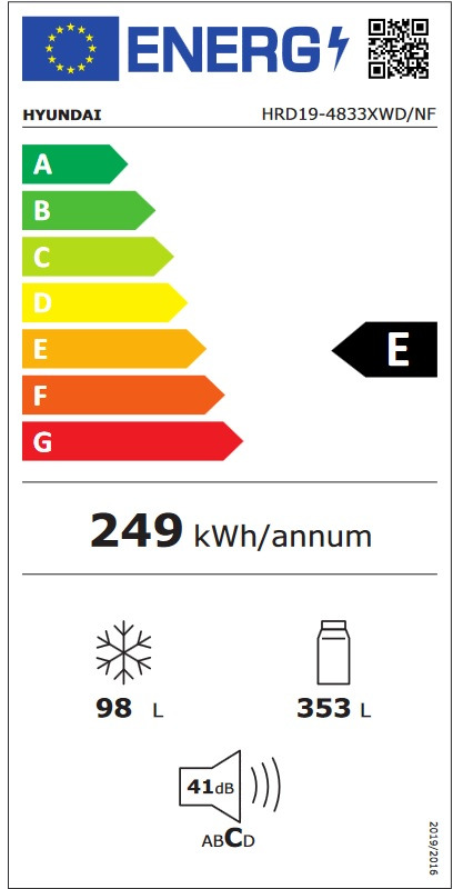 Hyundai HRD19-4833XWD/NF Δίπορτο Ψυγείο 451lt No Frost Υ187xΠ70xΒ72cm Μαύρο