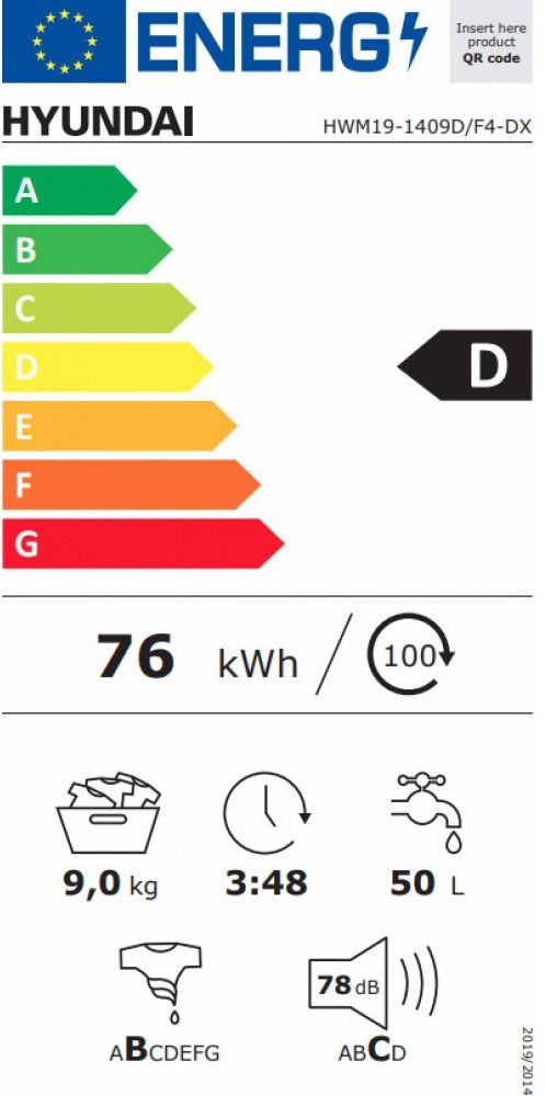 Hyundai HWM19-1409D/F4-DX Πλυντήριο Ρούχων 9kg 1400 Στροφών