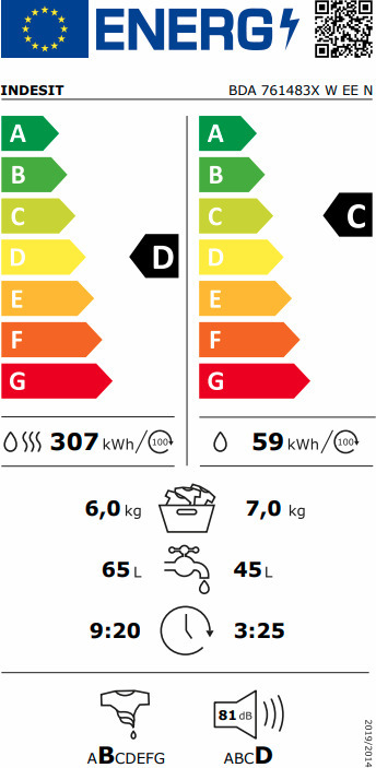 Indesit BDA 761483X W EE N Πλυντήριο Στεγνωτήριο Ρούχων 7kg / 6kg 1400 Στροφές