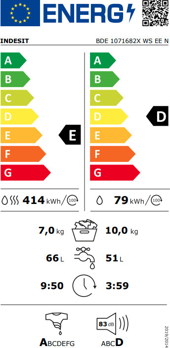 Indesit BDE 1071682X WS EE N Πλυντήριο Στεγνωτήριο Ρούχων 10kg / 7kg 1600 Στροφές