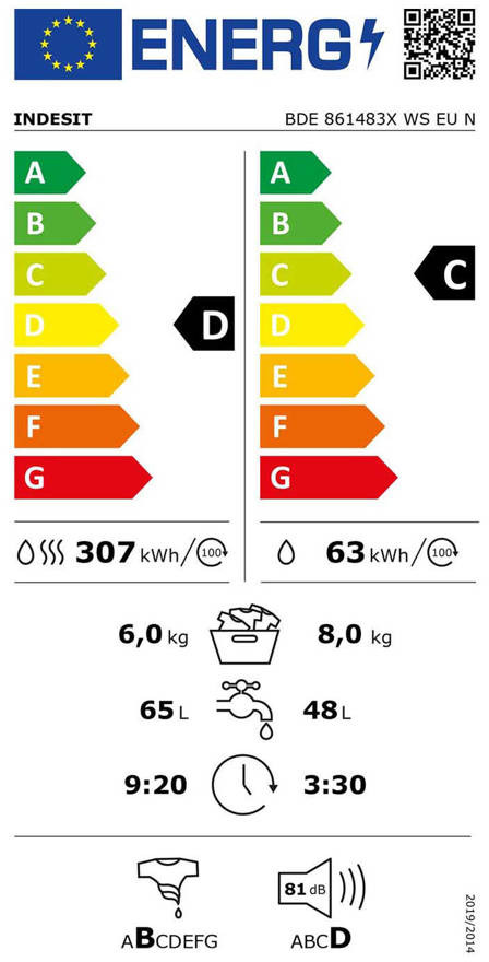 Indesit BDE 861483X WS EU N Πλυντήριο Στεγνωτήριο Ρούχων 8kg / 6kg Ατμού 1400 Στροφές